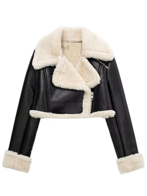 'Josselyn' Faux Fur Cropped Leather Jacket - Celes Fashion